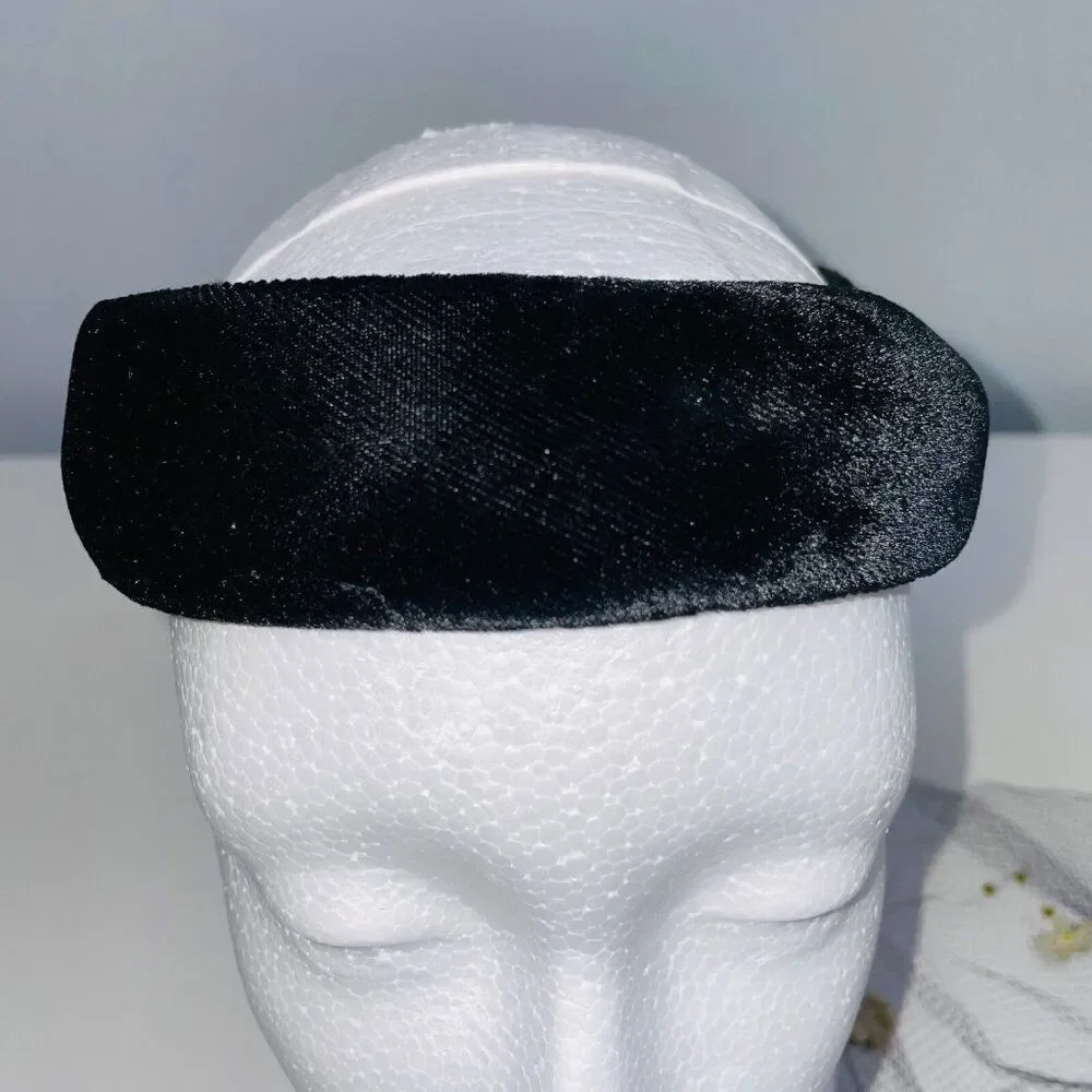 Vintage Crown Hat Black Velour Net Head Band Church Wedding Costume Theatre